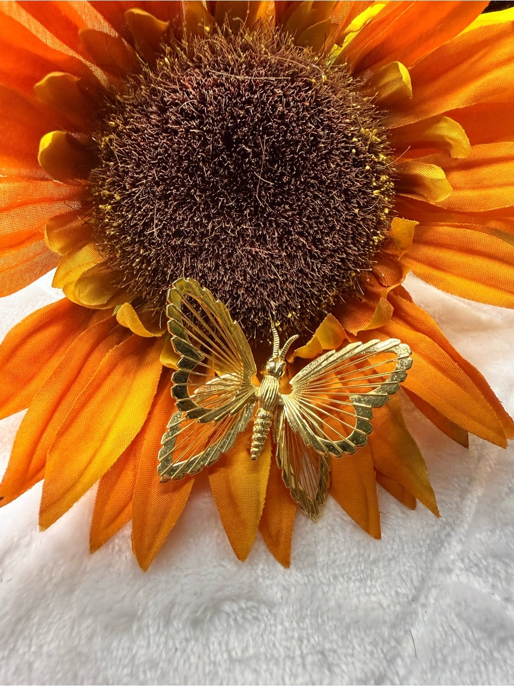 Gold Butterfly Accent Pin with Orange Petal Detail